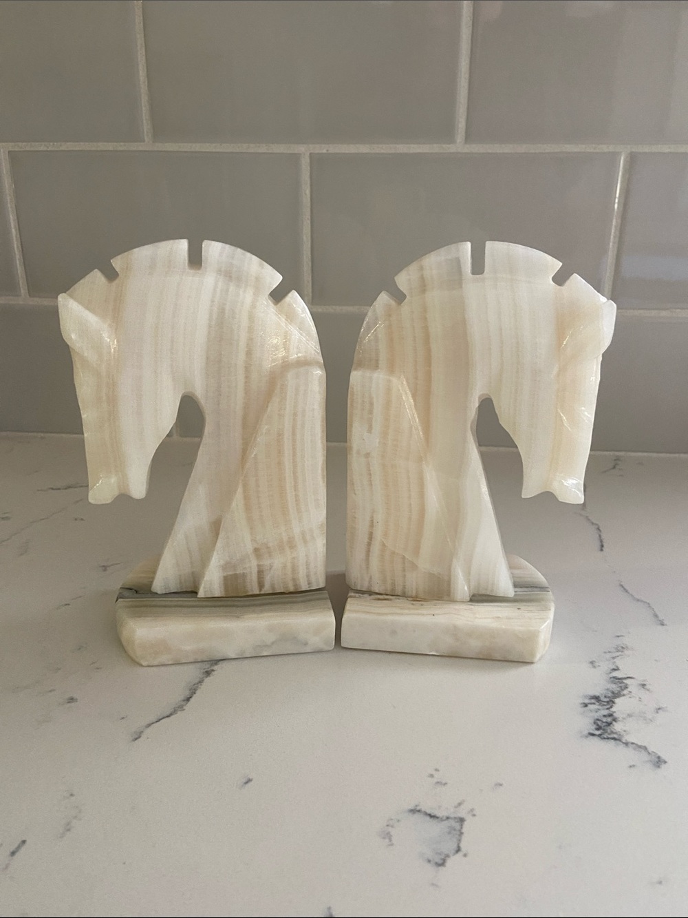 Vintage Onyx Horse Head Bookends Pair Mid Century